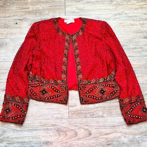 Vtg Laurence Kazar Red Silk Beaded Trophy Jacket PM Petite Medium Ornate Silk